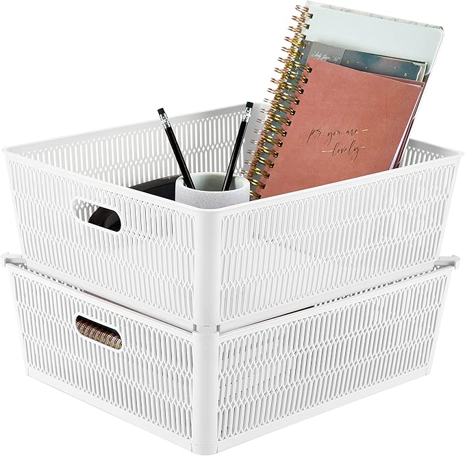 Simplify 2Pk Shallow Slide 2 Stack It Tote Basket | Storage & Organization | Open Bins with Stackable Capability | Bathroom | Crafts | Pantry | Playroom | Office | White