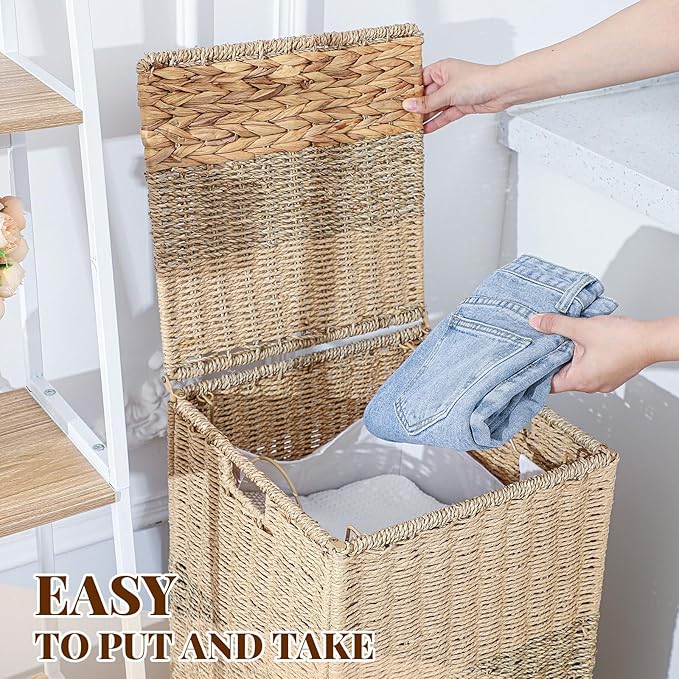 Cinnvoice 65 L Rolling Wicker Laundry Basket with Wheels Laundry Hamper with Lid Decorative Woven Hamper with Washable Removable Liner Bags and Handles for Clothes Natural Water Hyacinth, 1 Section