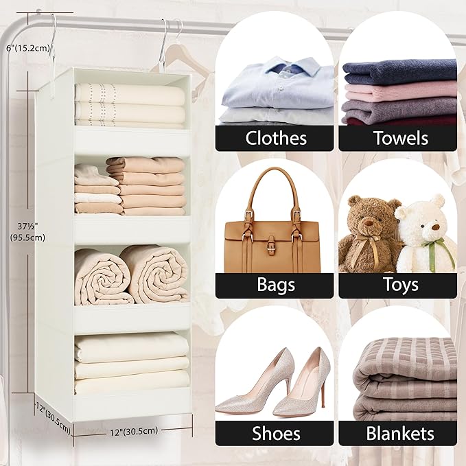 GRANNY SAYS 4-Shelf Hanging Organizer, Closet Hanging Shelves, Closet Hanging Storage Organizers, Organization for Bedroom, Living Room, Baby Nursery, Camper Accessories, Beige, 1-Pack