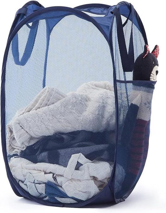 Collapsible Pop Up Laundry Basket, Hamper with Sturdy Handles and Side Pocket - Mesh Portable Foldable Dirty Clothes Hamper for Dorm, Laundry room, Bathroom and Travel Storage, Navy Blue