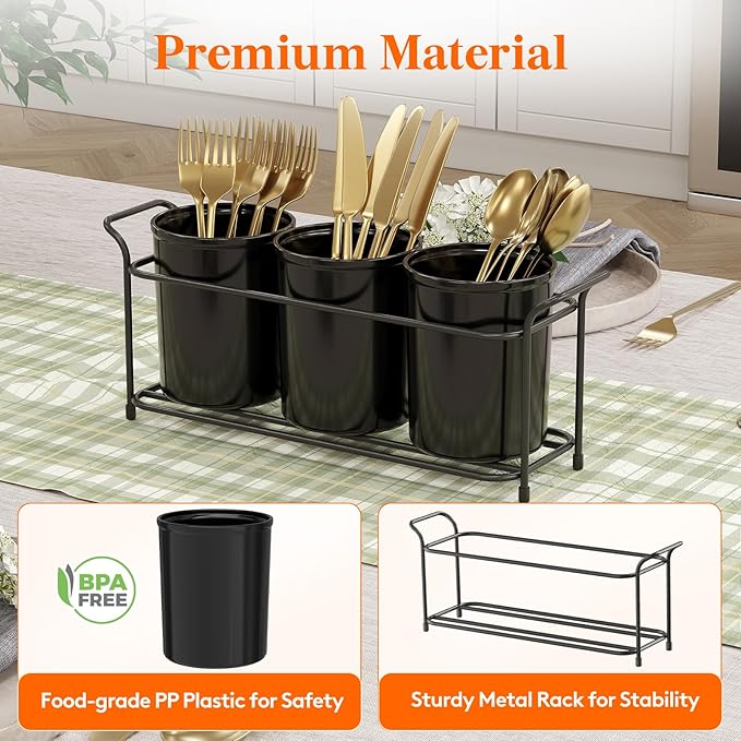 Lifewit Plastic Silverware Caddy with Metal Rack, Utensil Holder for Party, Cutlery Flatware Organizer for Kitchen Countertop, Forks Spoons Knives Storage for Picnic Camping Outdoor Buffet, Black