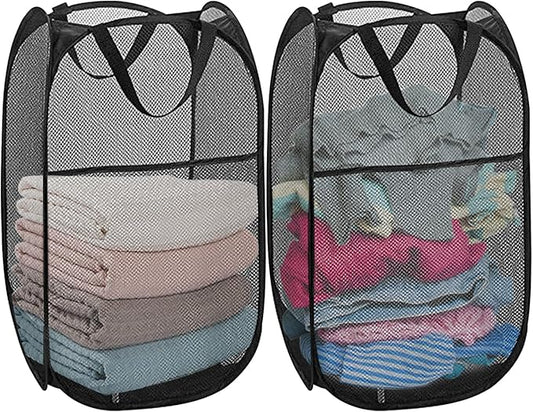 Pack of 2 Pop Up Laundry Hamper Collapsible Laundry Baskets Black Mesh Laundry Baskets with Portable Handle, Side Pocket for Bedroom, Nursery Room, Travel, Cruise