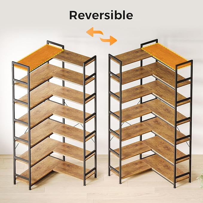 Casaottima Corner Bookshelf 7 Tier, 76 Inches Reversible Book Shelf for Living Room, Industrial Wooden Bookcase with Open Shelves and Metal Frame for Bedroom, Home Office, Kitchen, Vintage