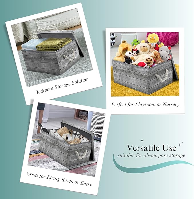 Sorbus Storage Box Set with Lid, Carry Handles, Foldable Frame, Rustic Wood Grain Print Bins, Great for Toys, Memorabilia, Closet, Office, Bedroom, 2-Pack (Wood Box Set - Gray)