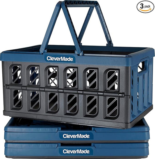 CleverMade Eco Collapsible Shopping Basket with Handles, 24L Ocean, 3 Pack