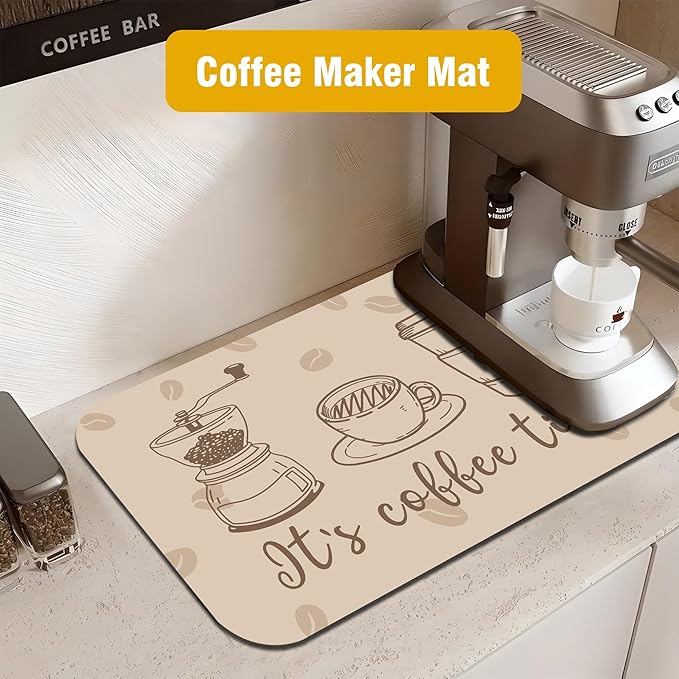 It's Coffee Time Coffee Mat 12" x 19", Non-Slip Absorbent Quick-Dry Mat, Protects Countertops from Spills Stains for Coffee Makers Espresso Machines