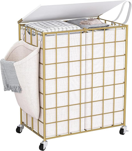 Laundry Basket with Wheels, Heavy Duty Laundry Sorter 2 Sections, 120L (32Gal.) Large Capacity Laundry Hamper with Wood Lid, 360 Rolling Wheels, Extra Side Pocket, Leather Pull Handle, Golden