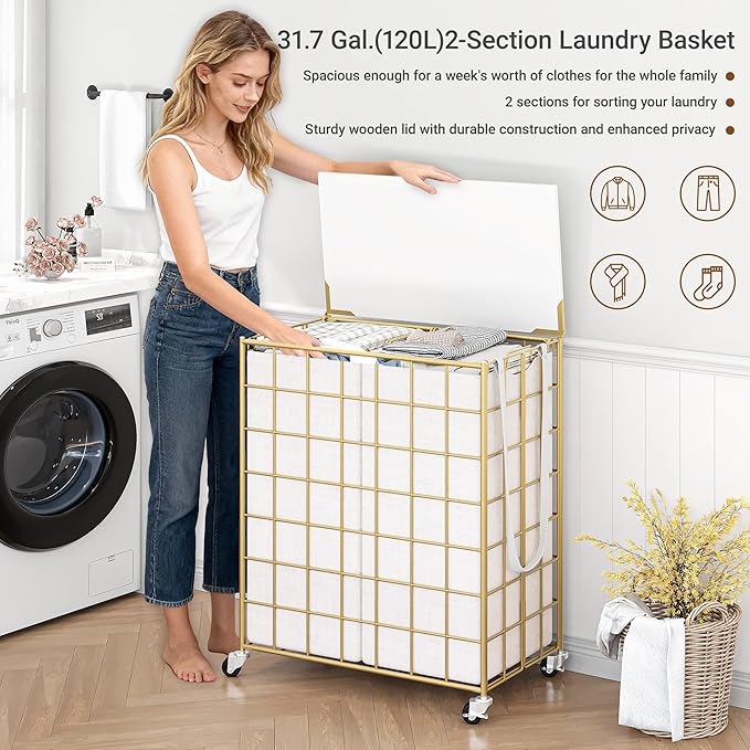 Laundry Basket with Wheels, Heavy Duty Laundry Sorter 2 Sections, 120L (32Gal.) Large Capacity Laundry Hamper with Wood Lid, 360 Rolling Wheels, Extra Side Pocket, Leather Pull Handle, Golden