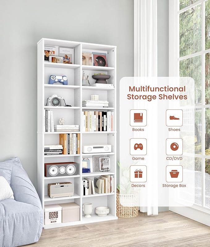 DVD Tower Storage Rack, 16-Shelf Media Storage Shelves with Adjustable Shelves 8-Tier DVD Stand Tower for Living Room Home Office
