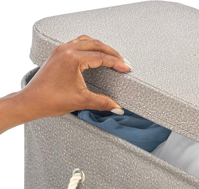 mDesign Large Polyester Rolling Laundry Hamper with Wheels, Removable Lid, and Rope Carrying Handles - Collapsible Hampers with Wheels for Compact Storage - Tall Single Compartment Basket - Taupe
