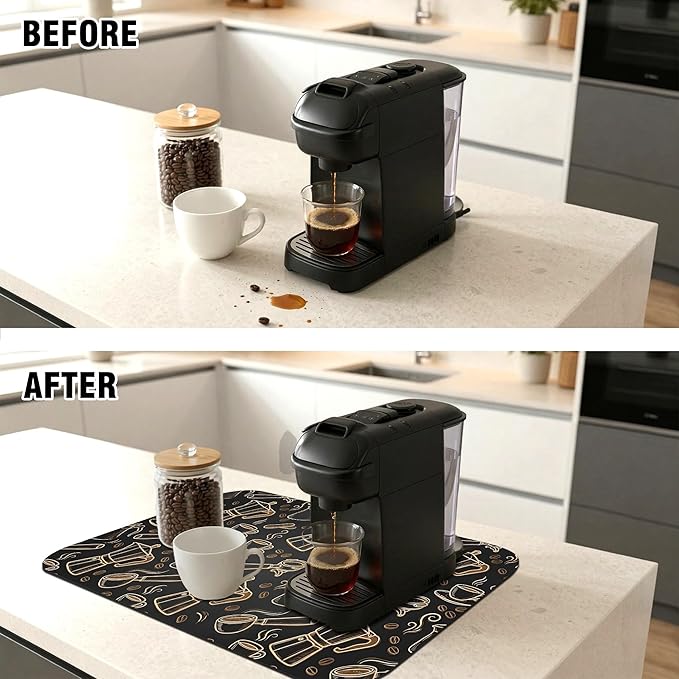 Black and Gold Coffee Tool Coffee Drying Mat 12" x 19", Absorbent Waterproof Coffee Station Mat, Protects Countertops from Spills Stains for Coffee Makers and Home Baristas