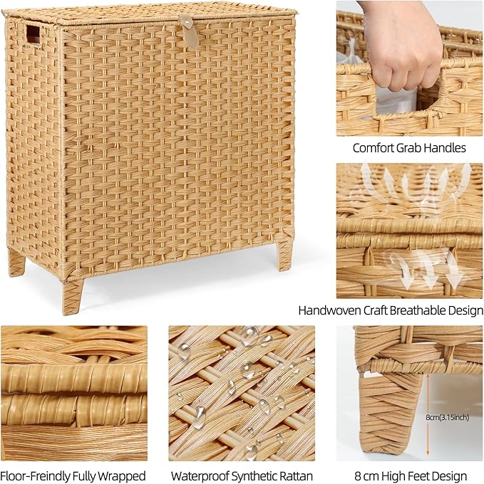 180 L Wicker Laundry Hamper with Lid 3 Section, Extra Large HandWoven Synthetic Rattan Wicker Laundry Basket with Removable Liner Bags for Bedroom Bathroom, Dirty Clothes Hampers Woven Foldable
