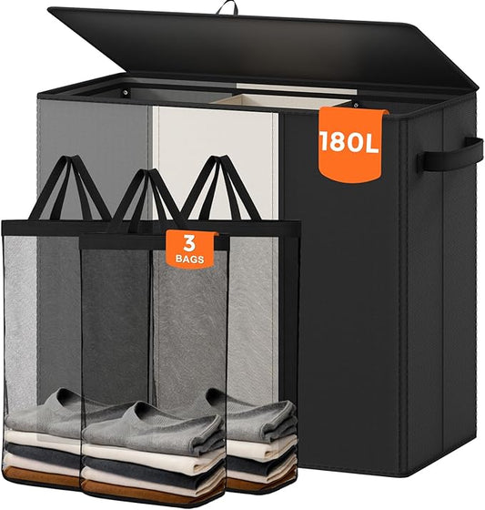 Optish 180L Laundry Hamper 3 Section, Large Laundry Basket with Lid, Laundry Basket Organizer with Handles, Divided Laundry Baskets, Clothes Hampers for Laundry, Bedroom, Bathroom
