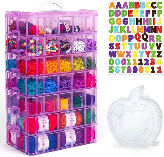 7 Layers Stackable Storage Container, 70 Adjustable Compartments (Purple) Stackable Storage Container, Perfect for Kids Toys, Art Crafts, Jewelry, Supplies, Mini Case & Letter Sticker Included