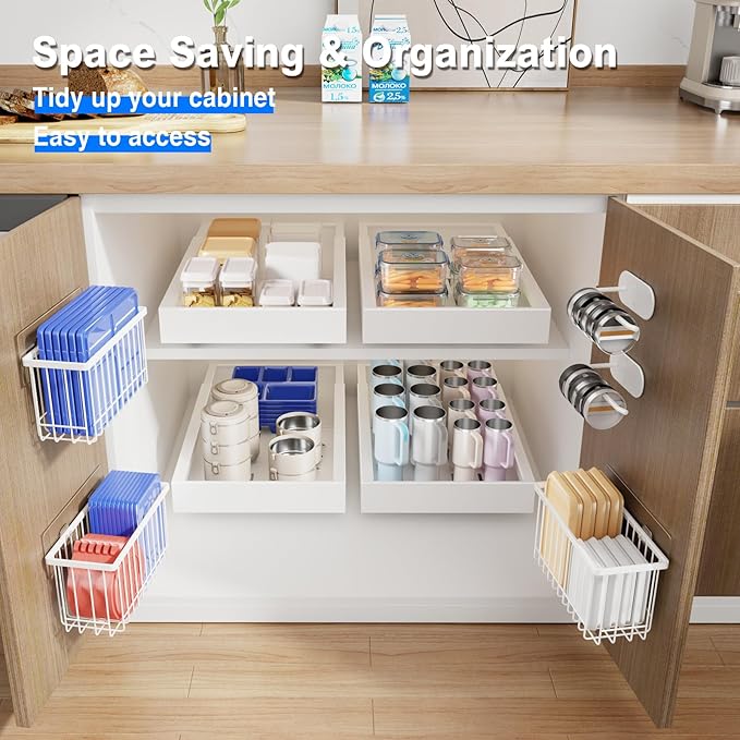 Mustorn 4 Pack Adhesive Cabinet Door Organizer, Lid Organizers Inside Cabinet Food Container/Tumbler Lid Organizer and Storage Cup Lids Holder for Kitchen & Bathroom Wall Mounted(White)