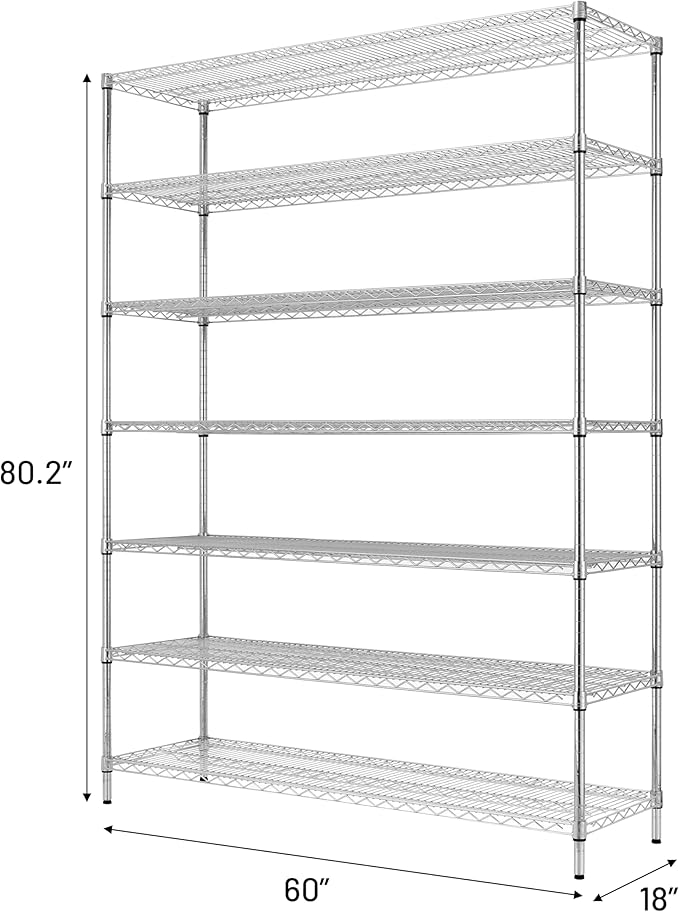 Finnhomy 4200LBS 7-Tier Wire Shelving Unit Adjustable Steel Wire Rack, 18x60x80.2 Inches 7 Shelves Metal Rack, Pantry Shelves for Storage, Metal Garage Shelving with 1" Poles, NSF Certified, Chrome