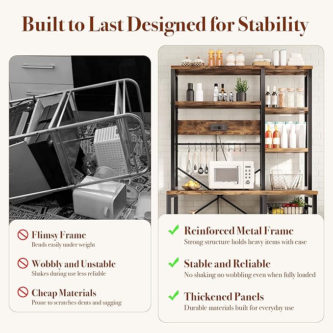 GRUSIGN Kitchen Bakers Rack with Storage, 6-Tier Coffee Bar Station with Power Outlet, Microwave Stand with 12 S-Shaped Hooks, Open Kitchen Storage Shelves for Spices, Pots and Pans, Rustic Brown