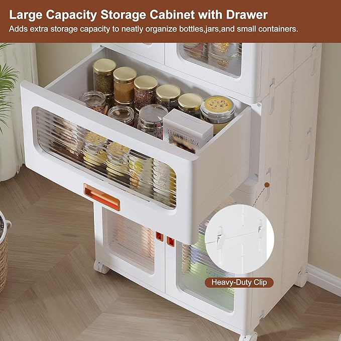 VECELO 226QT Stackable Storage Bins with Lids, Large Collapsible Storage Bins with Drawer and Movable Wheels, Adjustable Shelves, Anti-Tip, for Living Room, Bedroom, Kitchen, White