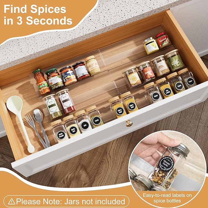 Expandable Spice Drawer Organizer Insert, 6-Pack Kitchen Adjustable Seasoning Rack Tray (13" to 26"), with Anti-Slip Mat, for Cabinet Countertop (Jars Not Included)