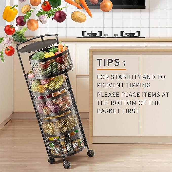 JAQ No Assembly Rotating Storage Cart, 5-Tier Rolling Kitchen Cart with Wheels, Round Large Capacity Fruit Vegetable Storage Rack, Easy Access Onion Potato Organizer, Heavy Duty Metal (Black)