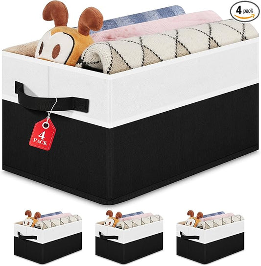 Large Shelf Storage Bins [4 Pack],Decorative Collapsible Storage Basket,Fabric Closet Organizer and Home Storage Cubes with Handles for Organizing Books, Clothes, Toys, Nursery（Black）