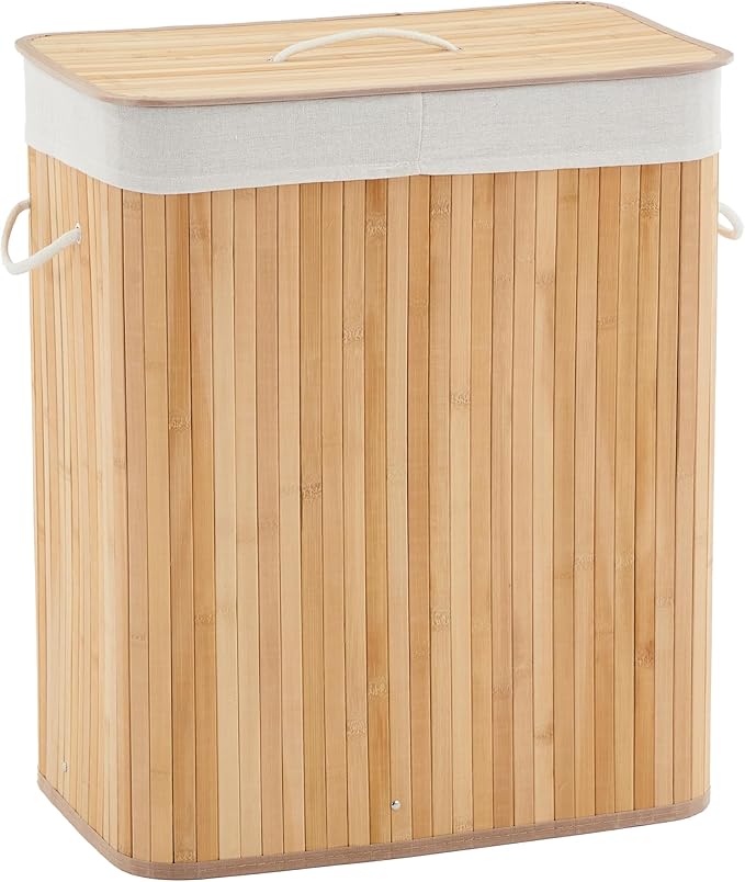 GarveeHome Folding Bamboo Laundry Hamper with Lid, 28 Gal / 106L Wooden Laundry Basket with Washable Liner Bag, Slim Clothes Storage Hamper for Small Bedrooms Apartments Dorms, Natural