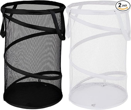 BATTOO 2 Pack Large Collapsible Laundry Basket Foldable Mesh Pop Up Hamper with Handles for Laundry Room, Bathroom, Kids Room, College Dorm, Travel, Storage Organizer Black+White