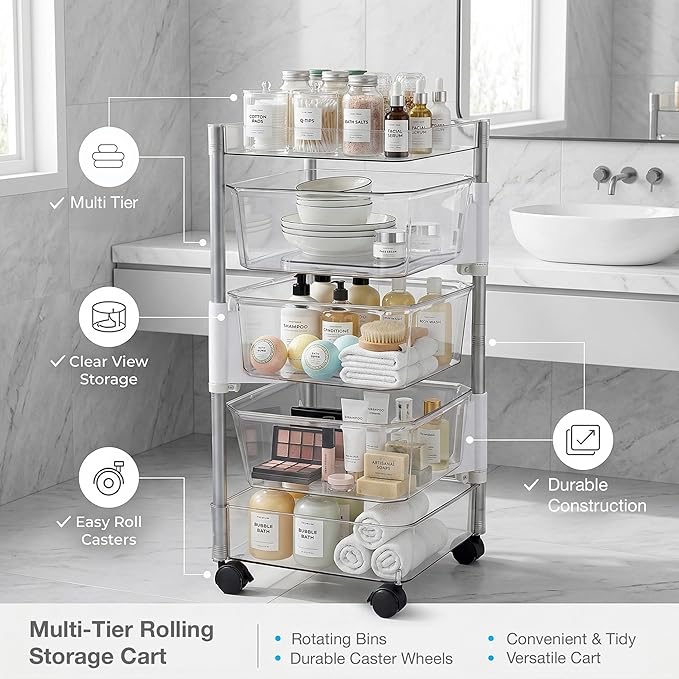 OnDisplay 360° Rotating Clear Storage Trolley – Multi-Tier Rolling Acrylic Utility Cart for Vanity, Craft Room, Pantry, Office & Bathroom – Mobile Multipurpose Organizer Rack for Makeup, Kitchen,