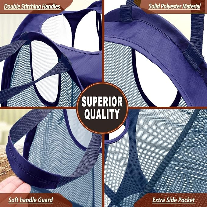 [Reinforced] Strong Mesh Pop-up Laundry Hamper,HOUSE AGAIN Quality Collapsible Laundry Basket with Durable Handles Solid Bottom High Carbon Steel Frame, Easy to Open and Fold Flat for Storage(Blue)