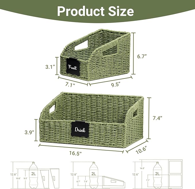 Pantry Organizers, Handwoven Large Wicker Baskets for Shelves, Labeled Storage Baskets for Organizing with Handles - Paper Storage Bins for Shelves, 3 Pack, Green