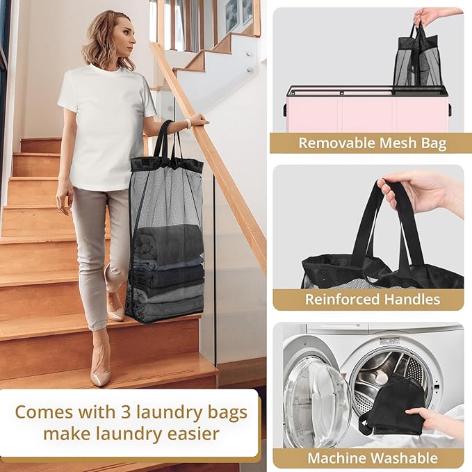 Optish 180L Laundry Hamper 3 Section, Large Laundry Basket with Lid, Laundry Basket Organizer with Handles, Pink Divided Laundry Baskets, Clothes Hampers for Nursery, Bedroom, Bathroom