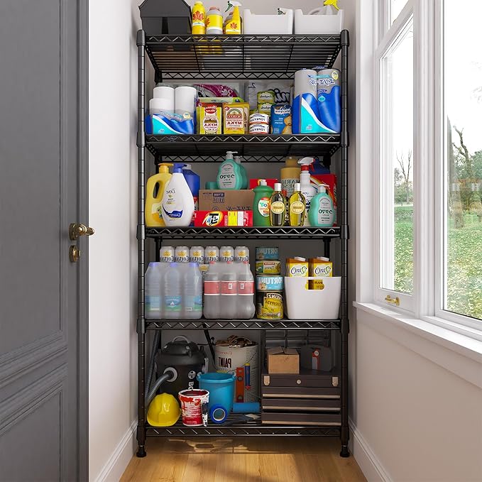REIBII 5 Tier Wire Shelving, 23.2" W Metal Shelving, Small Space Corner Storage, Adjustable Shelves, Leveling Feet, Metal, for Kitchen, Bedroom, Pantry, Closet,Laundry Room