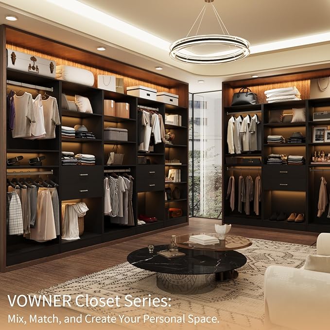 VOWNER 25'' Freestanding Closet System with Drawers & Hanging Rod, Wood Closet Organizer System, Walk-in Closet Shelving Unit, Clothes Garment Rack, Armoire Wardrobe Bedroom Entryway