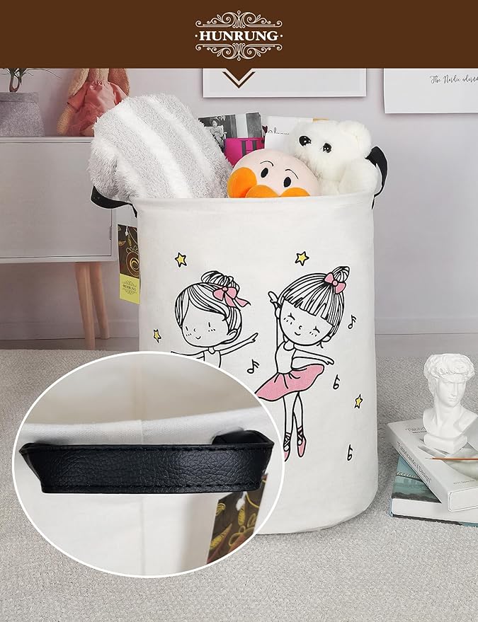 HUNRUNG Collapsible Fabric Storage Basket, Waterproof Laundry Hamper with Handles, Round Storage Bin for Clothes Toys, Foldable Organizer for Bedroom Nursery Bathroom(Round-Dancing girl)