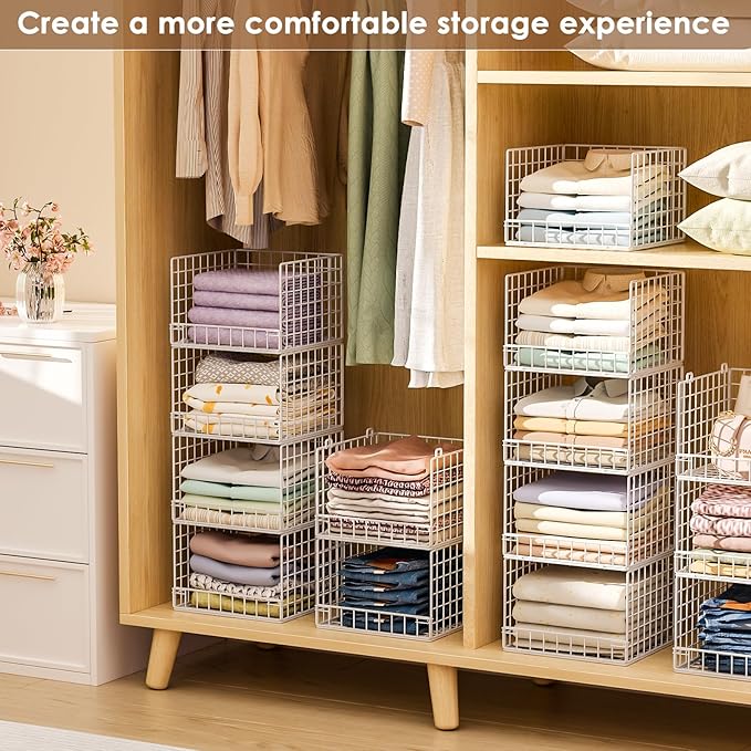 5-Tier Stackable Closet Organizers and Storage Baskets, Closet Shelf Organizer, Space-Saving closet organizer system, Foldable Clothes Storage Bins for Closet Organizer System, White(Patent 30022416)