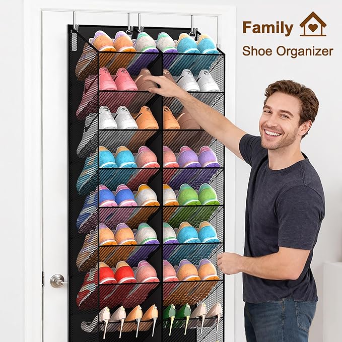 UVIAHOMI 30 Pairs Over the Door Shoe Organizer, Breathable Mesh Pocket Hanging Shoe Storage for Closet, 10-Tier Door Shoes Rack, Handing Shoes Holder Fit All the Family's Sneakers, Boots, Heels, Black