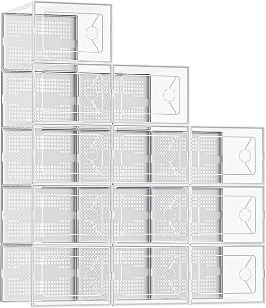 DUMOS Shoe Storage Boxes, 12-Pack Stackable Clear Shoe Containers with Lids, Display Sneaker Case Organizer for Closet, Under Bed, Entryway,Light White (Fit Size 9)