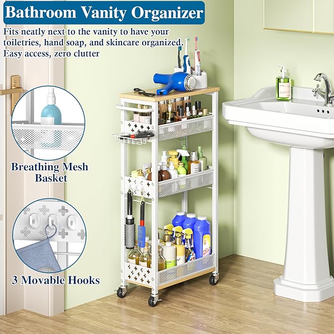 OKZEST Rolling Slim Storage Cart, 4-Tier Narrow Bathroom Laundry Room Organization Cart, Metal Kitchen Storage Mobile Shelf Unit Organizer with Wood Top, Slim Utility Cart with Wheels for Small Space