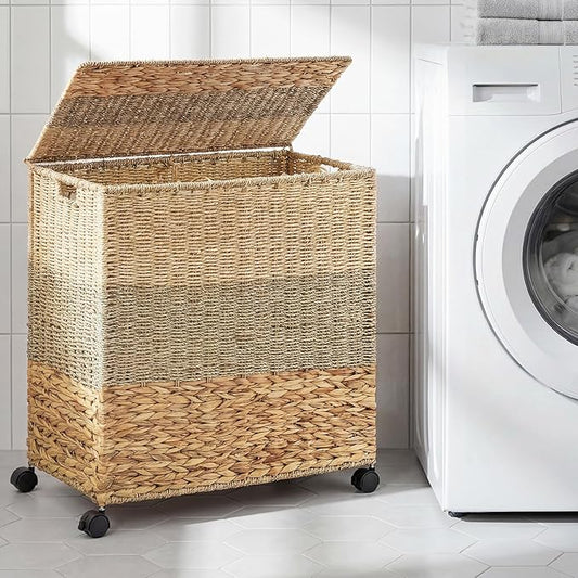 Cinnvoice 120 L Rolling Wicker Laundry Basket with Wheels Laundry Hamper with Lid Decorative Woven Hamper with Washable Removable Liner Bags and Handles for Clothes Natural Water Hyacinth, 2 Sections
