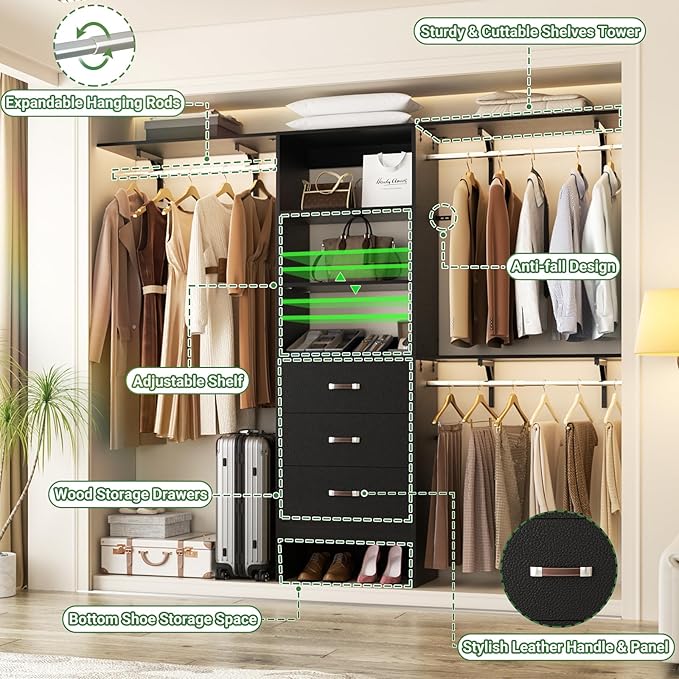 Besiost Closet System with Drawer - 8FT Wood Closet Organizer System with 3 Hanging Rods and Shelving Tower, 96" Walk In Closet Organizer Wardrobe, Heavy Duty Garment Rack Clothes Rack, Black