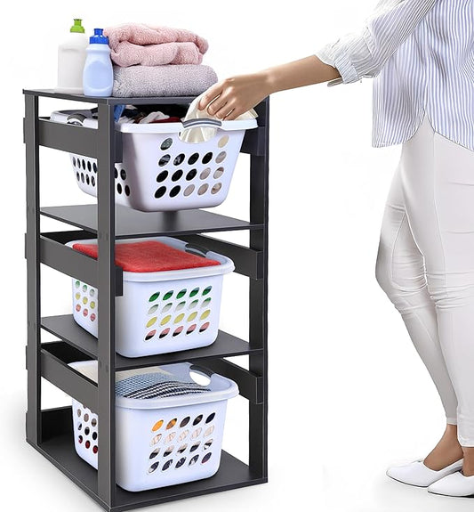 Laundry Basket Holder Shelf (3-Tier) - Stackable Engineered Wood Laundry Tower, Tiered Laundry Hamper Organizer for Bathroom, Bedroom, Laundry Room