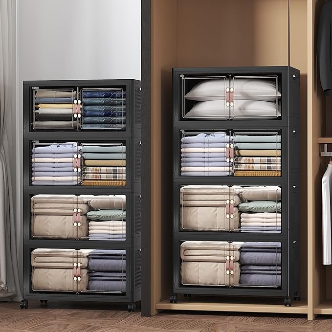 UAMFURI Extra Large Stackable Storage Bins with Lids & Wheels, 600QT-120QT/30GAL*5Pack Foldable Collapsible Closet Organizers Storage Cabinet with Doors for Bedroom Dorm
