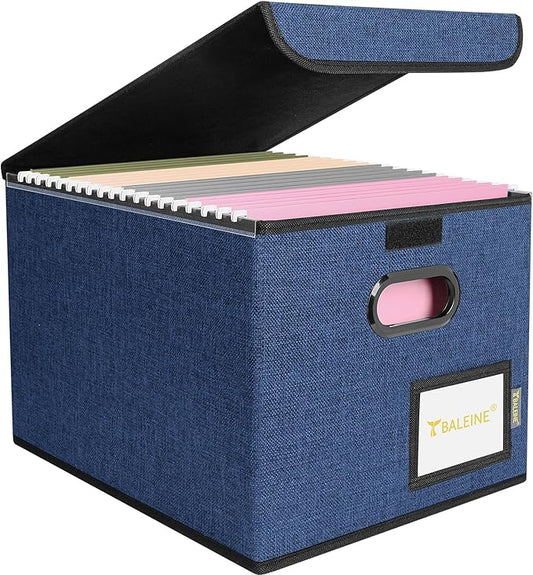 BALEINE File Organizer Box with Lid, Collapsible File Folder Organizer with Plastic Slide, Hanging File Folder Box for Office Document Storage (1 Pack, Blue)
