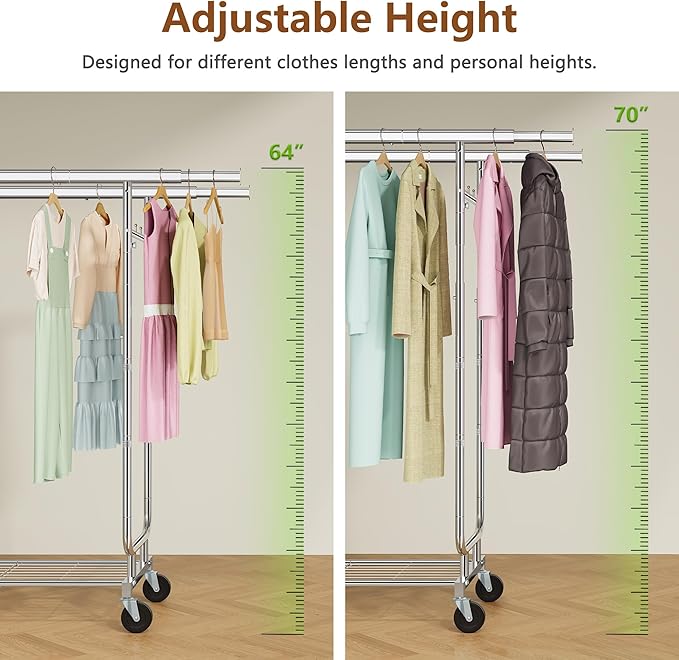 Heavy Duty Rolling Clothes Rack, 620 LBS Load Double Rod Adjustable Garment Rack with Storage Shelves & Lockable Wheels, Portable Clothing Rack for Hanging Clothes for Bedroom, Laundry Living Room
