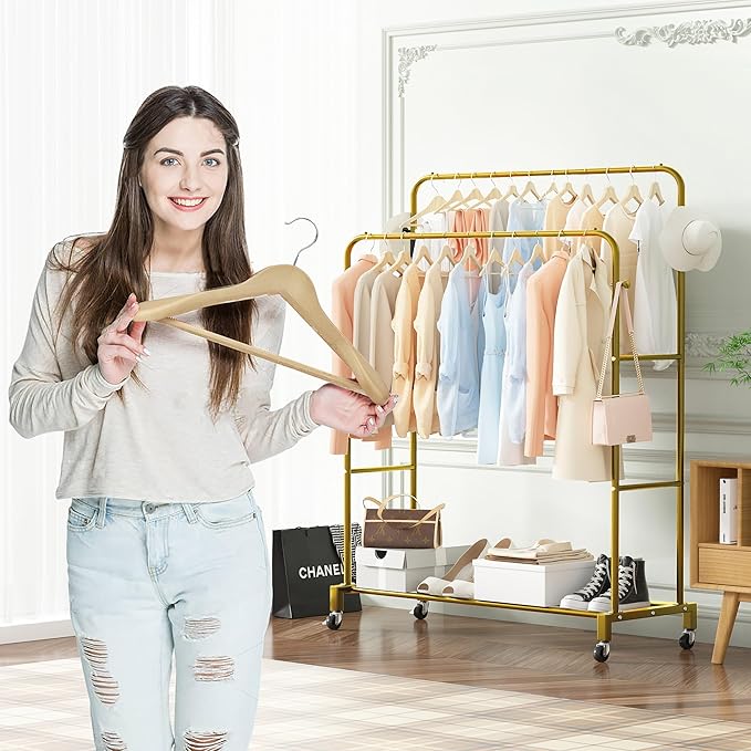 Sooyee Double Rod Clothing Rack with Wheels,3 Tier Garment Racks for Hanging Clothes,Portable Clothes Rack with 4 Hooks for Bedroom,Laundry Room,Gold