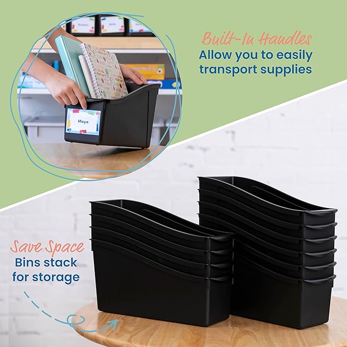 ECR4Kids Linking Plastic Storage Book Bin, Multipurpose Organization, Black, 10-Piece