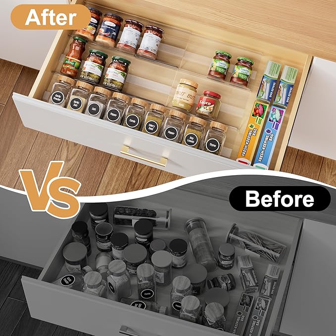 Expandable Spice Drawer Organizer Insert, 6-Pack Kitchen Adjustable Seasoning Rack Tray (13" to 26"), with Anti-Slip Mat, for Cabinet Countertop (Jars Not Included)