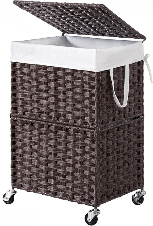 Chrislley 90L Slim Laundry Hamper with Wheels, Rolling Laundry Basket with Lid and Renovable Liner Bag, Handwoven Rattan Organizer for bedroom, bathroom, laundry room (Brown)