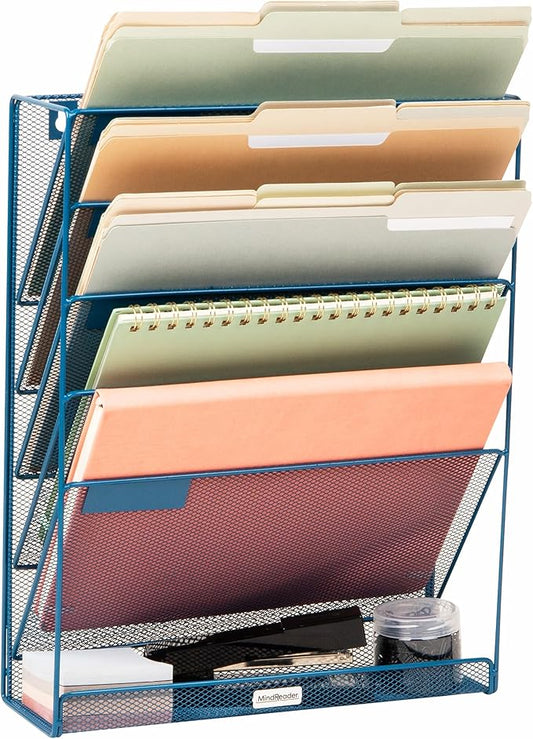 Mind Reader 5-Pocket Vertical File Storage, Desktop Organizer, Wall Mount, Office, Metal Mesh, Turquoise