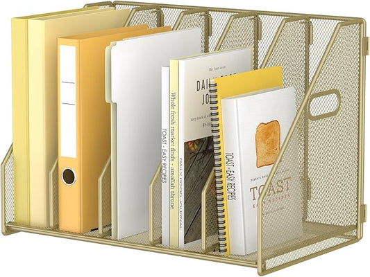 MINDEPOT Desk File Organizer Metal Desk Magazine Folder Holder with 5 Vertical Compartments Rack File Organizer for Office, Home, School (Gold)